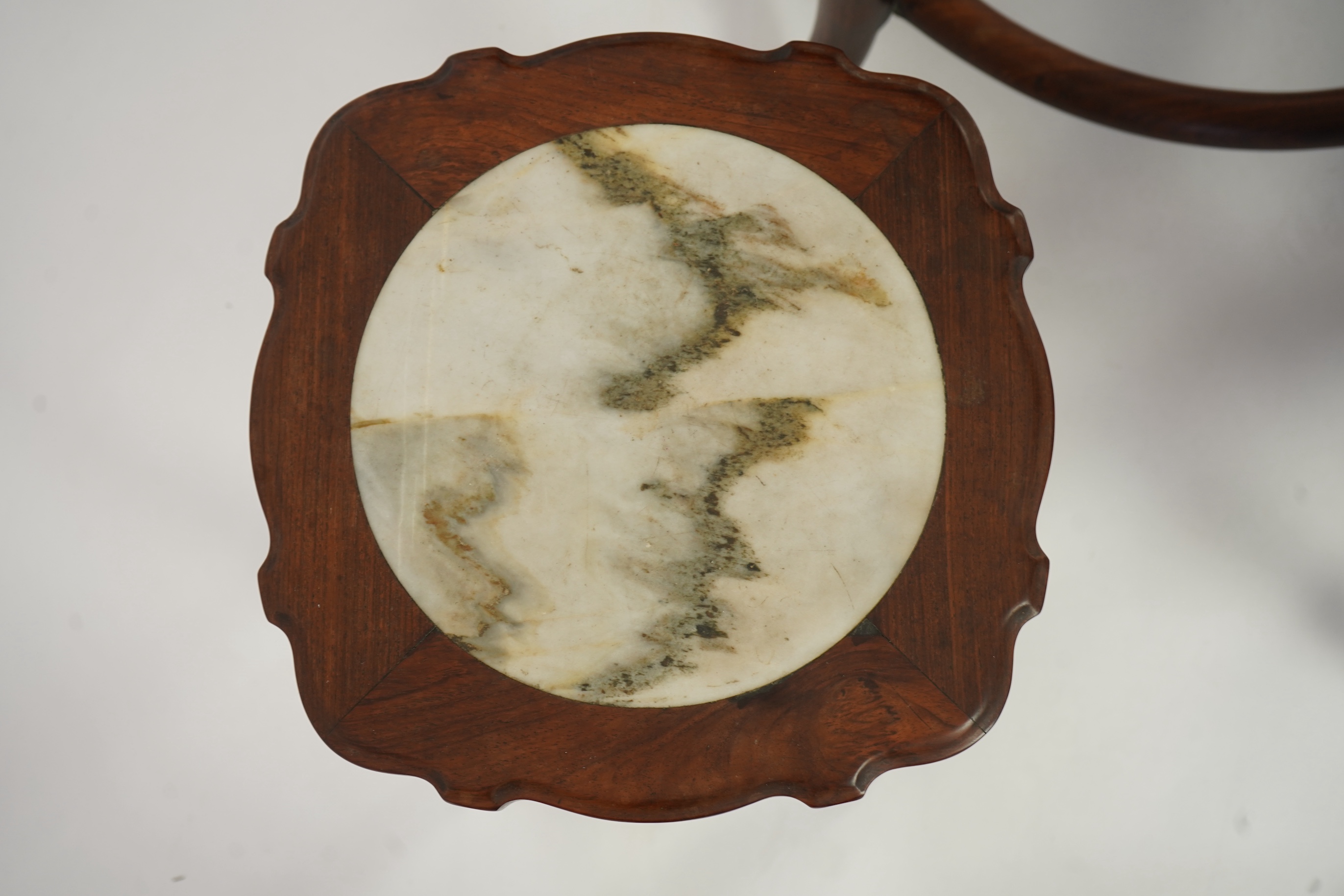 A Chinese dreamstone marble inset hongmu table and four matching stools